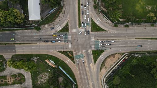 High angle view of bridge over road in city