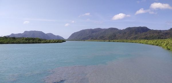 Scenic view of sea and mountains against sky