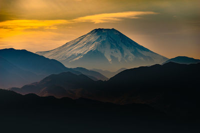 Scenic view of mountains against sky during sunset