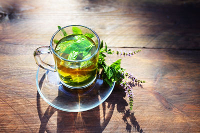 High angle view of drink on table