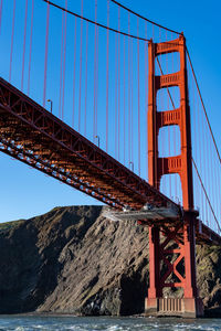 Low angle view of suspension bridge against sky