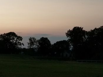 Silhouette trees on field against sky at sunset