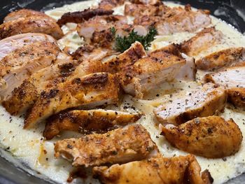 Close-up of food- chicken alfredo pasta