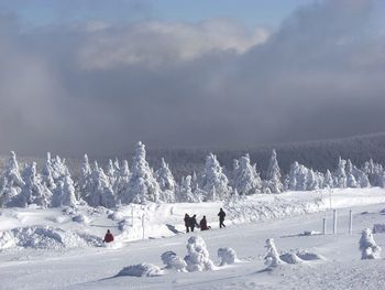 Group of people on snowcapped mountain against sky