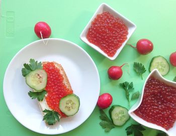 High angle view of fruits in bowl on table