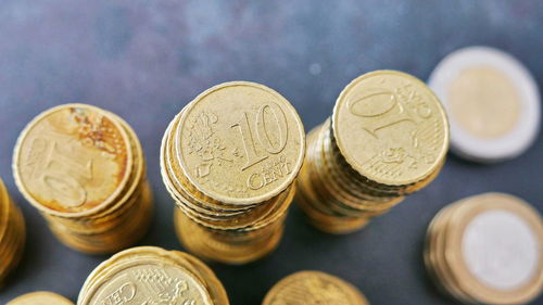 High angle view of coins