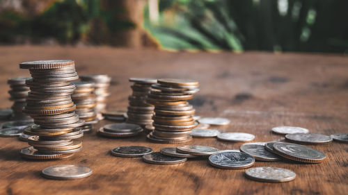 Close-up of coins on table