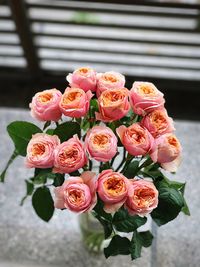 High angle view of pink rose bouquet