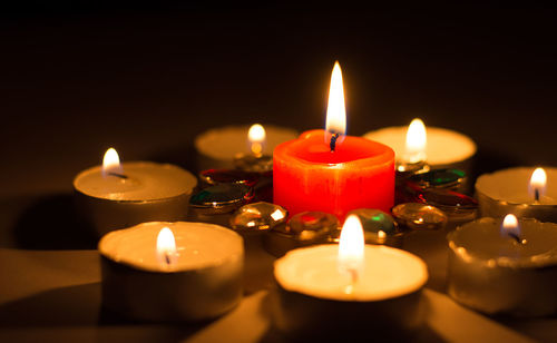 Close-up of lit candles on table