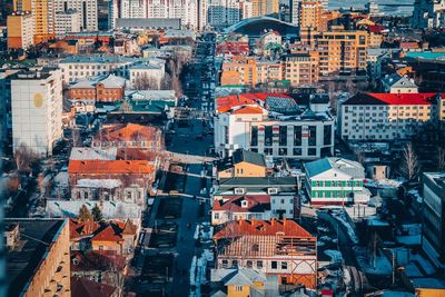 High angle view of buildings in city