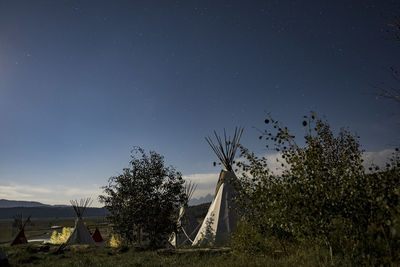 Small yurts standing in the field under the night sky full of stars.