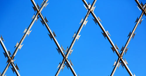 Low angle view of metal fence against clear blue sky
