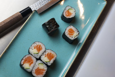 High angle view of sushi in plate on table