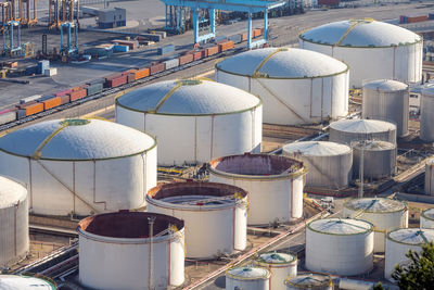 Gas storage tanks and containers seen in the commercial port of barcelona