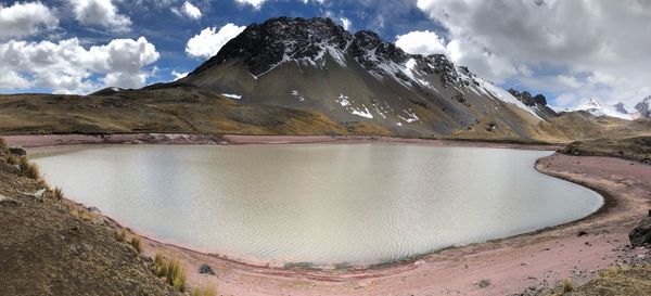 Panoramic view of lake and snowcapped mountains against sky