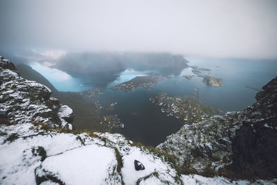 Aerial view of snowcapped mountains against sky