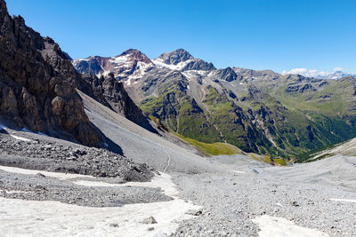 Scenic view of snowcapped mountains against clear sky