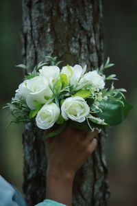 Close-up of hand holding white flower bouquet against tree trunk