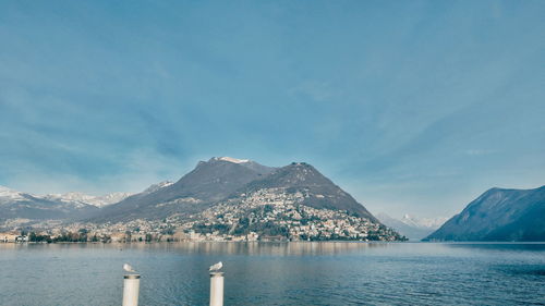 Scenic view of lake and snowcapped mountains against sky