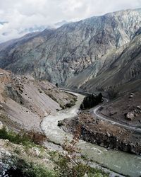 High angle view of mountain range against sky