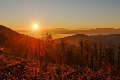 Scenic view of mountains against sky during sunset