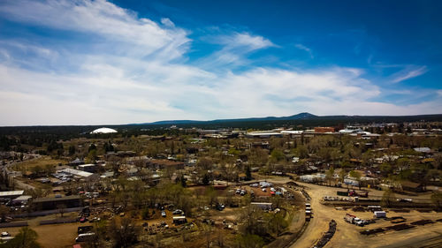 High angle shot of townscape against sky