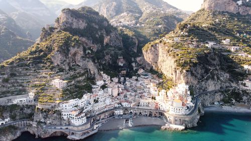 Buildings of rock formations by sea