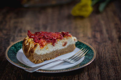 Close-up of cake in plate on table