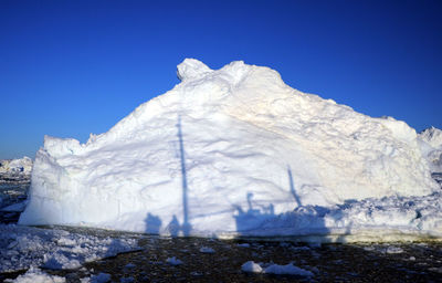 Low angle view of snowcapped mountain against clear blue sky