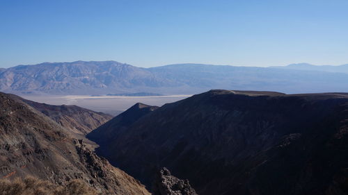 Scenic view of dramatic landscape against clear blue sky