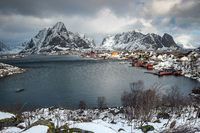 Scenic view of snow covered mountains against sky