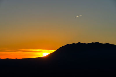 Scenic view of silhouette mountain against sky during sunset