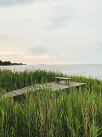 Scenic view of sea against sky with empty bench in middle