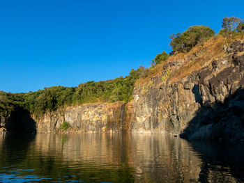 Scenic view of lake against clear blue sky