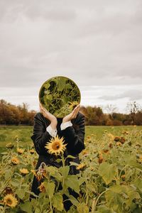 Scenic view of sunflower on field against sky