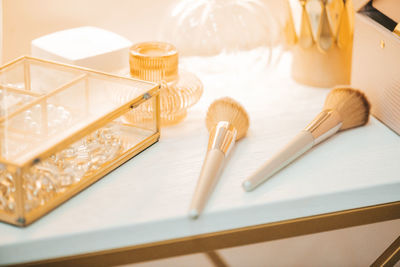 High angle view of beauty products on table