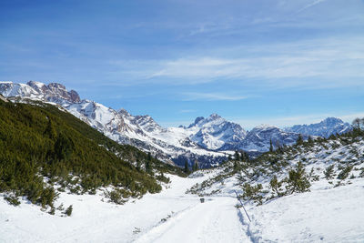 Scenic view of snow covered mountains against sky