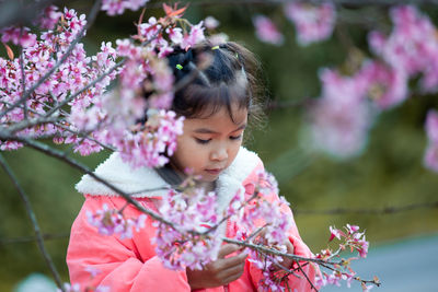 Cute girl looking at pink flowering plants