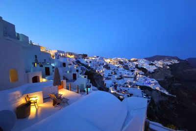 High angle view of townscape against clear blue sky