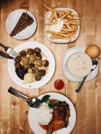 High angle view of breakfast served on table