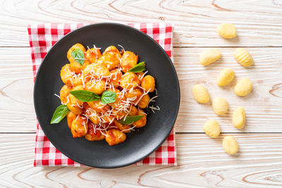 High angle view of food in plate on table