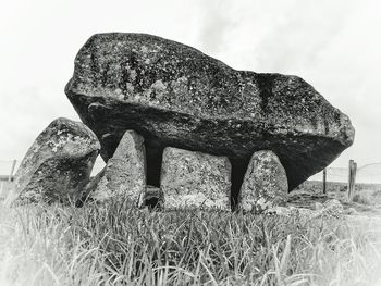 Close-up of old statue on field against sky
