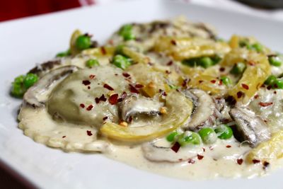 Close-up of pasta served in plate