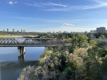 Bridge over river by buildings against sky