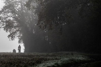 Rear view of people walking on field