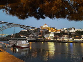 Bridge over river by city against sky