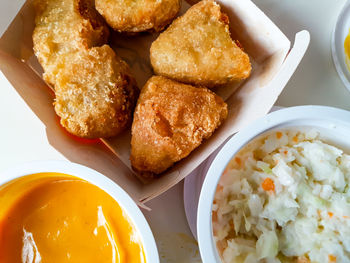 High angle view of food served on table