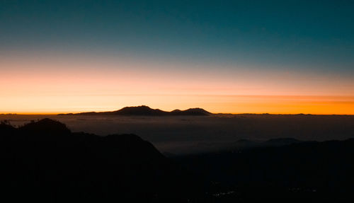 Scenic view of silhouette mountain against sky during sunset