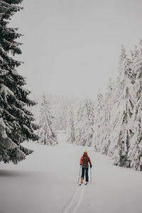 Rear view of man walking on snow covered landscape