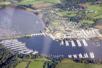 Aerial view of river amidst agricultural landscape